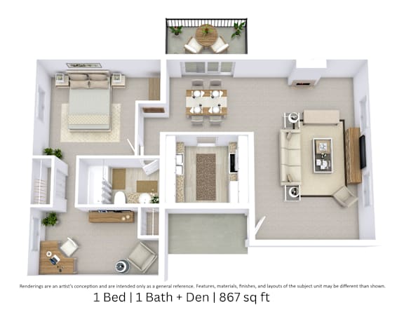 This is a 3D floor plan providing a detailed, angled view of the space with room layouts, furniture placement, and spatial flow. It features 1 bedroom and 1 bathroom.