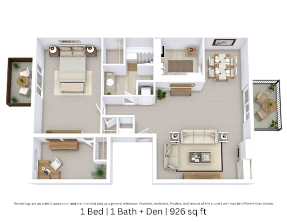 This is a 3D floor plan providing a detailed, angled view of the space with room layouts, furniture placement, and spatial flow. It features 1 bedroom and 1 bathroom.