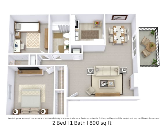 This is a 3D-floor plan providing a detailed, angled view of the space with room layouts, furniture placement, and spatial flow. Features 2 bedrooms and 1 bathroom.