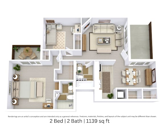 This is a 3D-floor plan providing a detailed, angled view of the space with room layouts, furniture placement, and spatial flow. Features 2 bedrooms and 2 bathrooms.