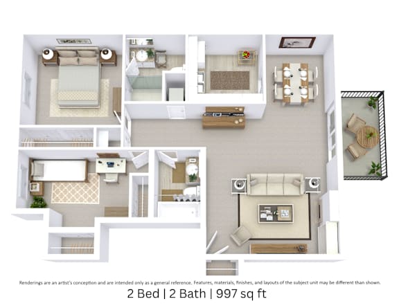 This is a 3D-floor plan providing a detailed, angled view of the space with room layouts, furniture placement, and spatial flow. Features 2 bedrooms and 2 bathrooms.