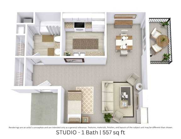 This is a 3D-floor plan providing a detailed, angled view of the space with room layouts, furniture placement, and spatial flow. Features Studio Room and 1 Bathroom.