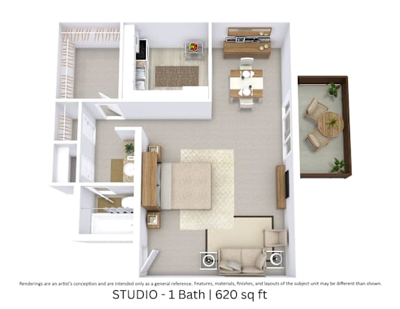 This is a 3D-floor plan providing a detailed, angled view of the space with room layouts, furniture placement, and spatial flow. Features Studio Room and 1 Bathroom.