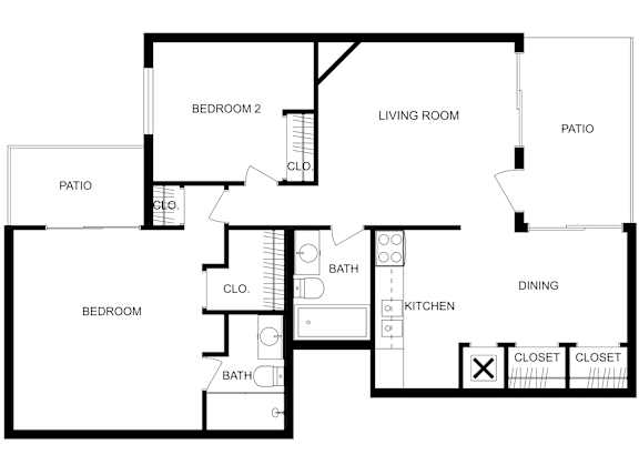 This is a 2D-floor plan showing the space layout with labeled rooms, walls, and dimensions. It includes 2 bedrooms and 2 bathrooms.