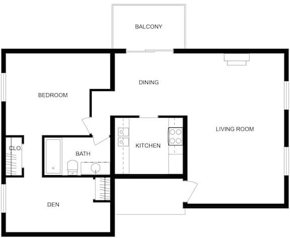 This is a 2D-floor plan showing the space layout with labeled rooms, walls, and dimensions. It features 1 bedroom and 1 bathroom.