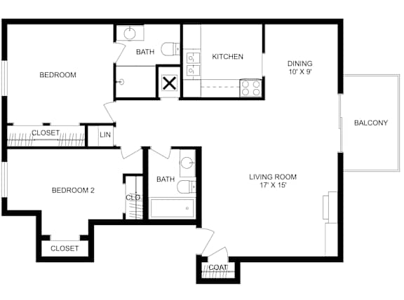 This is a 2D-floor plan showing the space layout with labeled rooms, walls, and dimensions. It includes 2 bedrooms and 2 bathrooms.