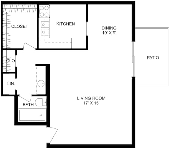 This is a 2D-floor plan showing the space layout with labeled rooms, walls, and dimensions. It includes a Studio Room and 1 Bathroom.