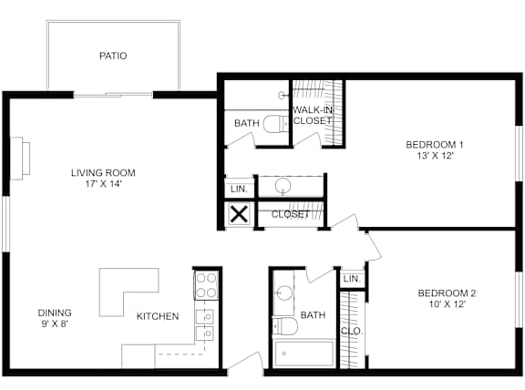 This is a 2D-floor plan showing the space layout with labeled rooms, walls, and dimensions. It includes 2 bedrooms and 2 bathrooms.