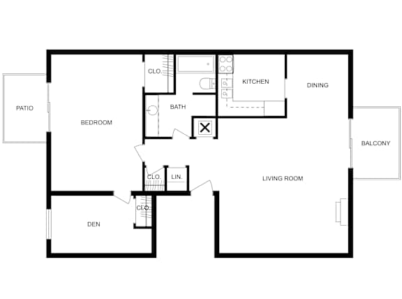 This is a 2D-floor plan showing the space layout with labeled rooms, walls, and dimensions. It features 1 bedroom and 1 bathroom.