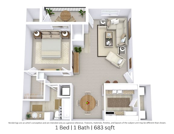 This is a 3D-floor plan providing a detailed, angled view of the space with room layouts, furniture placement, and spatial flow. Features 1 bedroom/s, 1 bathroom/s, and approximately 683 Sq. Ft