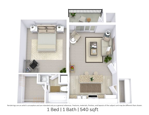 This is a 3D-floor plan providing a detailed, angled view of the space with room layouts, furniture placement, and spatial flow. Features 1 bedroom/s, 1 bathroom/s, and approximately 540 Sq. Ft