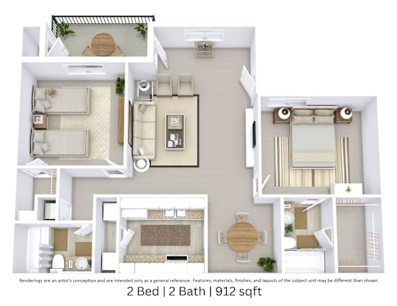 This is a 3D-floor plan providing a detailed, angled view of the space with room layouts, furniture placement, and spatial flow. Features 2 bedroom/s, 2 bathroom/s, and approximately 912 Sq. Ft