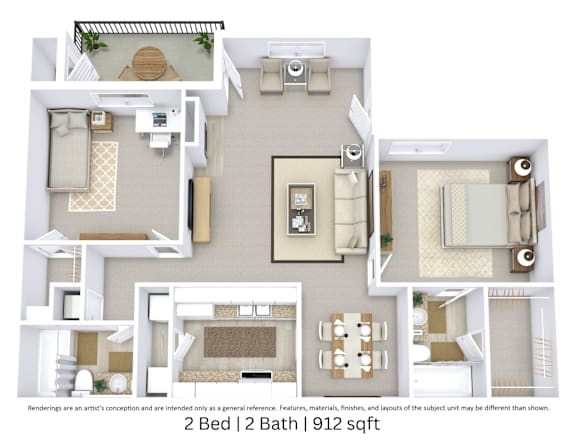 This is a 3D-floor plan providing a detailed, angled view of the space with room layouts, furniture placement, and spatial flow. Features 2 bedroom/s, 2 bathroom/s, and approximately 912 Sq. Ft