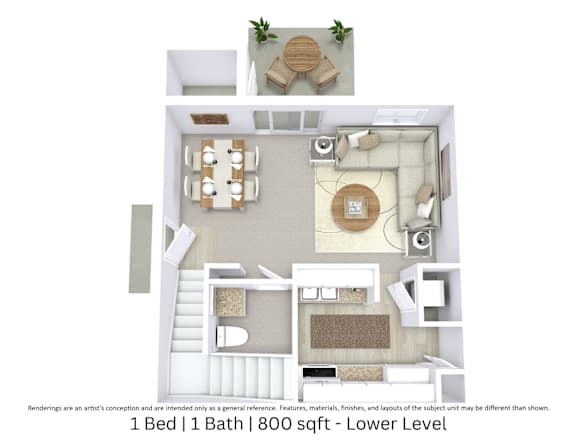 This is a 3D-floor plan providing a detailed, angled view of the space with room layouts, furniture placement, and spatial flow. Features 1 bedroom/s, 1.5 bathroom/s, and approximately 800 Sq. Ft