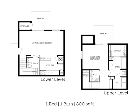 This is a 2D-floor plan showing the space layout with labeled rooms, walls, and dimensions. It includes1 bedroom/s, 1.5 bathroom/s, and approximately 800 Sq. Ft