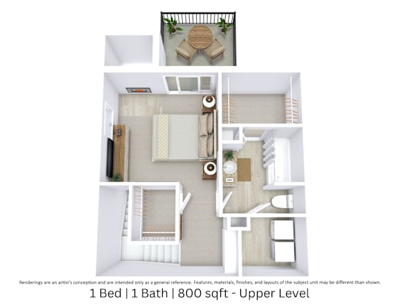 This is a 3D-floor plan providing a detailed, angled view of the space with room layouts, furniture placement, and spatial flow. Features 1 bedroom/s, 1.5 bathroom/s, and approximately 800 Sq. Ft