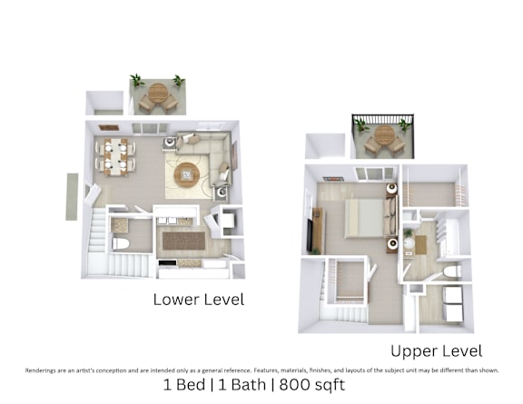 This is a 3D-floor plan providing a detailed, angled view of the space with room layouts, furniture placement, and spatial flow. Features 1 bedroom/s, 1.5 bathroom/s, and approximately 800 Sq. Ft