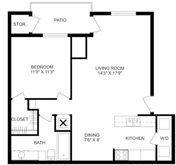 This is a 2D-floor plan showing the space layout with labeled rooms, walls, and dimensions. It includes 1 bedroom/s, 1.5 bathroom/s, and approximately 800 Sq. Ft