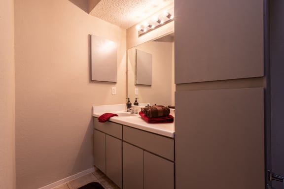 View of the bathroom vanity area in a one-bedroom townhome model unit at The Lakes.