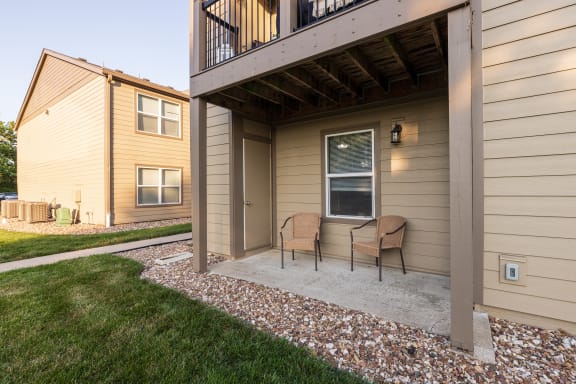 View of the patio from a one-bedroom townhome model unit at The Lakes.