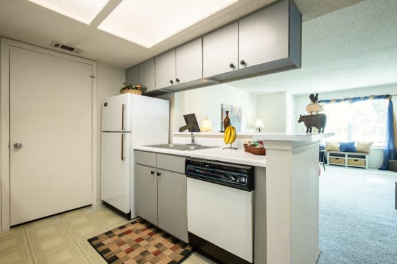 View of the kitchen in a two-bedroom model unit at The Lakes.