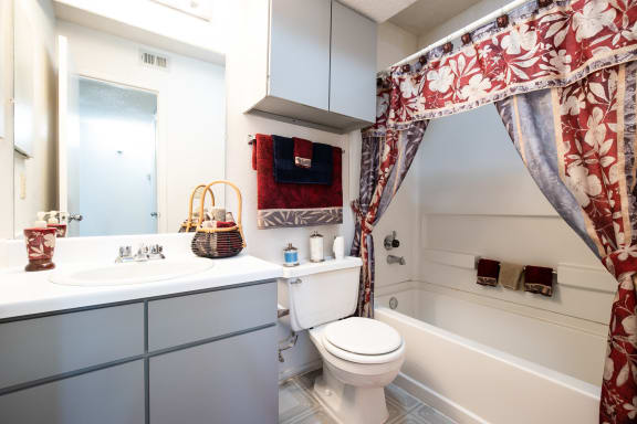View of the hall bathroom in a two-bedroom model unit at The Lakes.