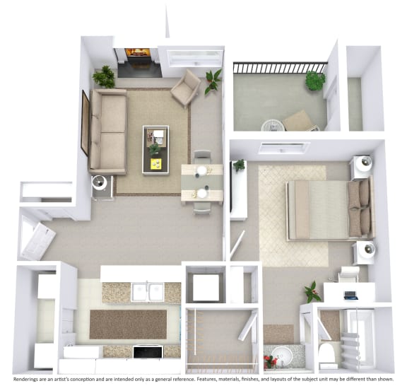 This is a 3D-floor plan providing a detailed, angled view of the space with room layouts, furniture placement, and spatial flow. Features 1 bedroom/s, 1 bathroom/s, and approximately 626 Sq. Ft