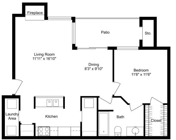 This is a 2D-floor plan showing the space layout with labeled rooms, walls, and dimensions. It includes 1 bedroom/s, 1 bathroom/s, and approximately 720 Sq. Ft