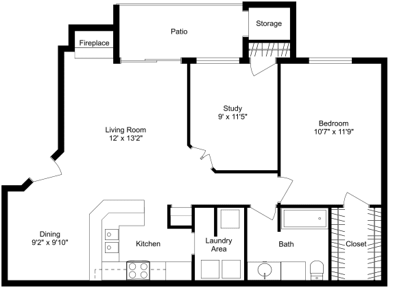 This is a 2D-floor plan showing the space layout with labeled rooms, walls, and dimensions. It includes 1 bedroom/s, 1 bathroom/s, and approximately 885 Sq. Ft