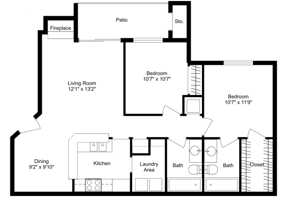 This is a 2D-floor plan showing the space layout with labeled rooms, walls, and dimensions. It includes 2 bedroom/s, 2 bathroom/s, and approximately 885 Sq. Ft