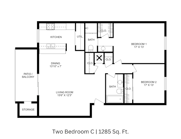 2D floor plan showing labeled rooms, walls, and layout for a 2-bedroom, 2-bathroom apartment at 1285 sq. ft.