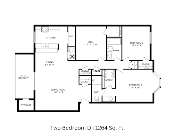 2D floor plan of a 2-bedroom, 2-bathroom apartment with den showing labeled layout across 1,264 sq. ft.