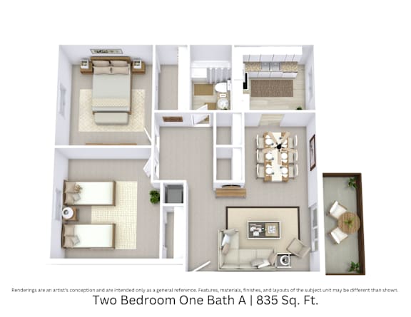 3D floor plan of the Two Bedroom One Bath A apartment showing layout and furniture across 835 sq. ft.
