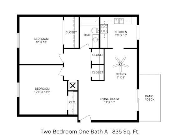 2D floor plan illustrating labeled spaces for a two-bedroom, one-bath apartment totaling approximately 835 Sq. Ft.