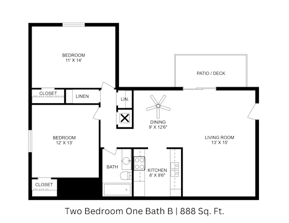 2D floor plan showing labeled rooms and dimensions for a two-bedroom, one-bath layout totaling approximately 888 Sq. Ft.