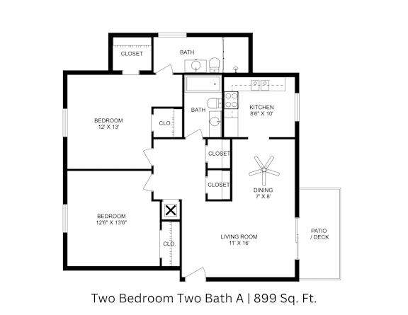 2D floor plan of a two-bedroom, two-bath apartment with labeled rooms and dimensions totaling approximately 899 Sq. Ft.