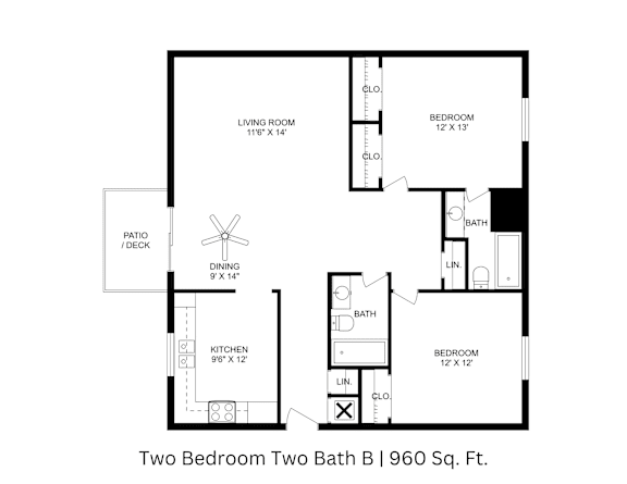 2D floor plan displaying labeled spaces for a two-bedroom, two-bath apartment totaling approximately 960 Sq. Ft.