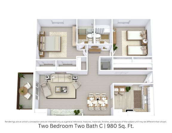 3D floor plan of the Two Bedroom Two Bath C apartment showing layout and furniture across 980 sq. ft.