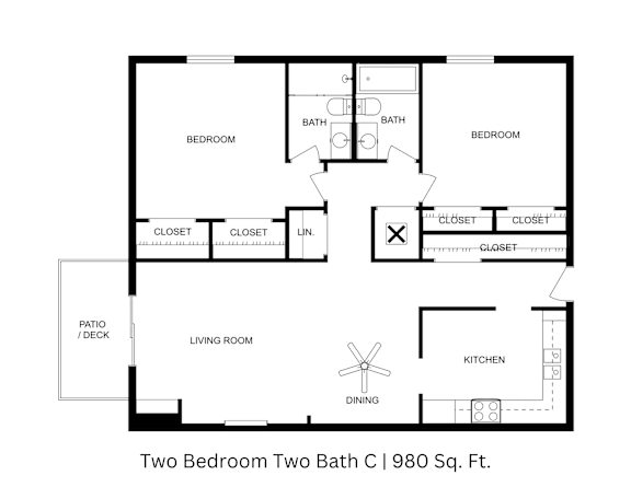 2D floor plan of a 2-bedroom, 2-bathroom apartment showing labeled layout across 980 sq. ft.