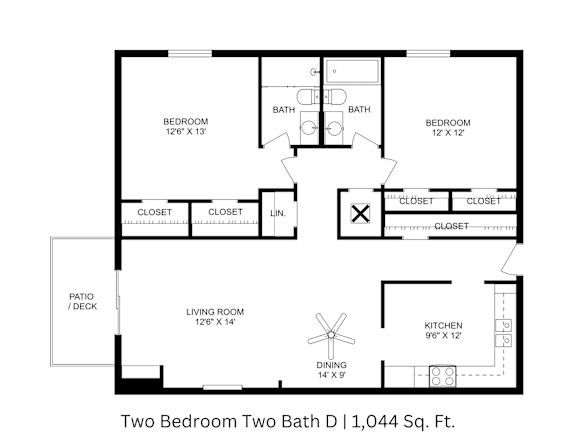 2D floor plan of a 2-bedroom, 2-bathroom apartment showing labeled layout across 1,044 sq. ft.