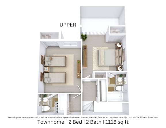 This is a 3D-floor plan providing a detailed, angled view of the space with room layouts, furniture placement, and spatial flow. Features 2 bedrooms and 2 bathrooms.