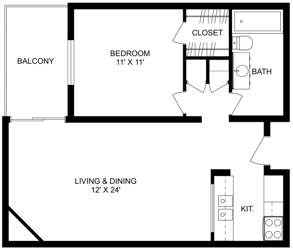 This is a 2D-floor plan showing the space layout with labeled rooms, walls, and dimensions. It includes 1 bedroom/s, 1 bathroom/s, and approximately 580 Sq. Ft