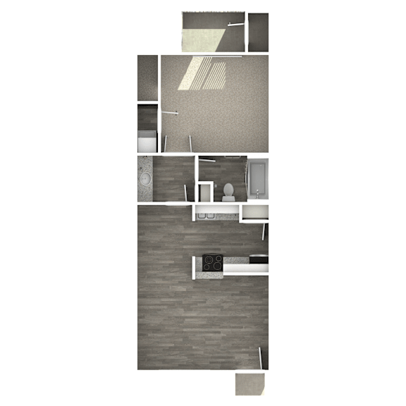 Floor Plan  A floor plan of a house with a kitchen, living room, and two bedrooms.
