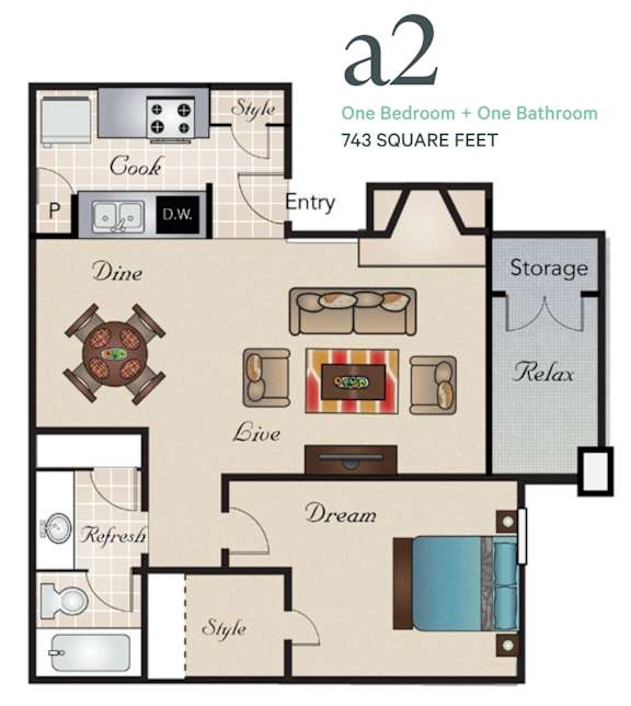 A floor plan of a one bedroom apartment with a kitchen, dining area, living room, and bathroom.
