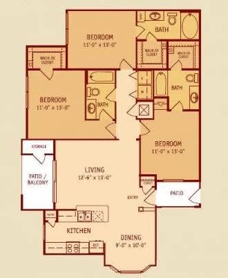Broadstone Colonnade Apartments in San Antonio, TX Three Bedroom Floor Plan