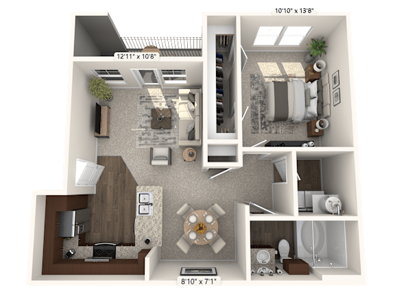 A 3D floor plan of a small apartment with a living room, kitchen, and bathroom.