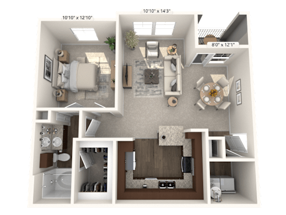 A 3D floor plan of a house showing a living room, kitchen, dining room, and two bedrooms.