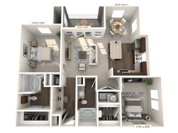 A 3D floor plan of a house with dimensions and furniture layout.
