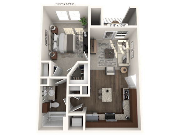 A 10x12 room layout with a living room, kitchen, and bathroom.