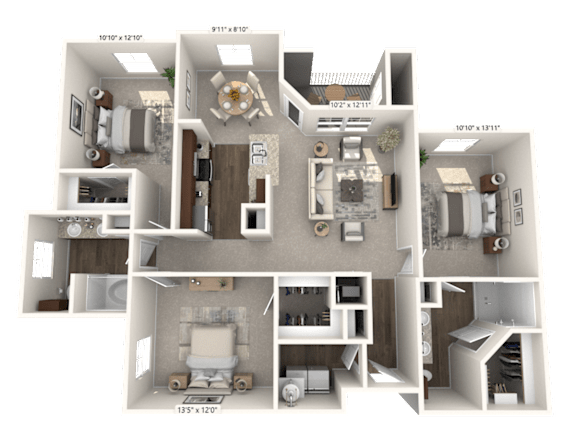 A 3D floor plan of a house showing the layout of the rooms.